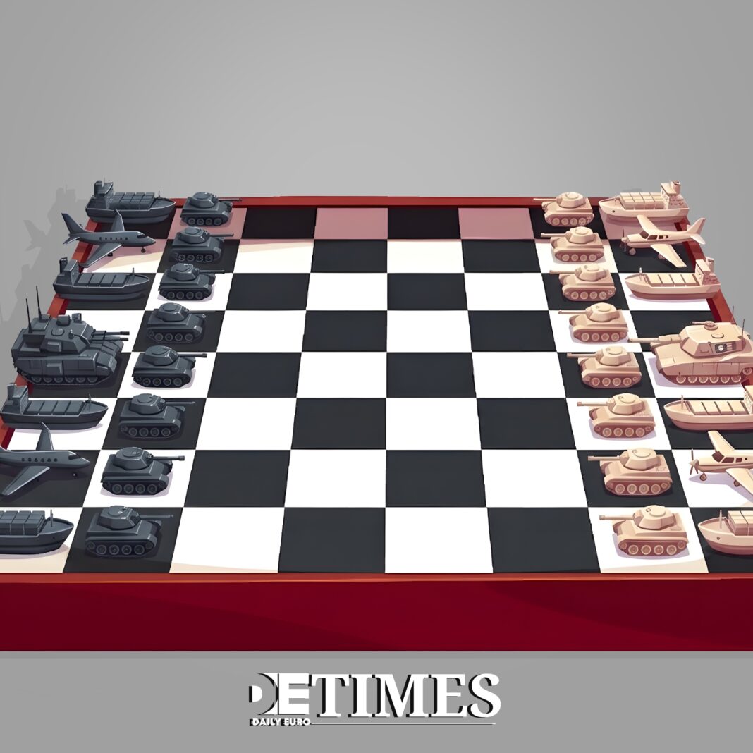 Checkerboard battle scene showing dark gray tanks on the left and light tan ships, tanks, and aircraft on the right.