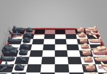 Phoney War: Gulf Deployment and Collapsed Talks Checkerboard battle scene showing dark gray tanks on the left and light tan ships, tanks, and aircraft on the right.