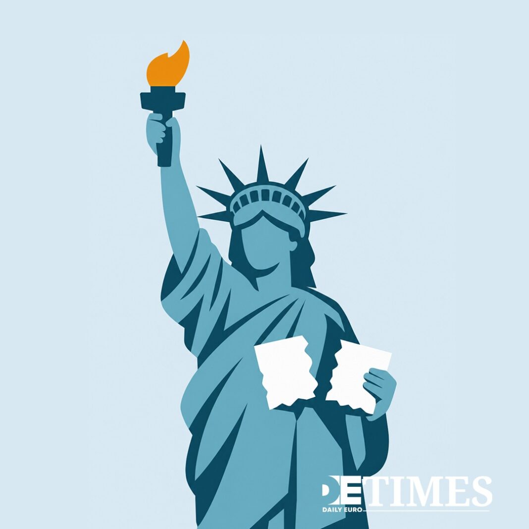 Stylized blue Statue of Liberty raising a torch in one hand and holding torn papers, with a DETIMES watermark.