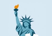 Iran is Splitting the West Like Ukraine Did Stylized blue Statue of Liberty raising a torch in one hand and holding torn papers, with a DETIMES watermark.
