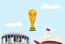 Spain Fears Morocco is Winning the 2030 World Cup Final Illustration of soccer venues featuring the Real Madrid Santiago Bernabéu Stadium and Hassan II Stadium in Morocco, with a large golden World Cup trophy towering above them.